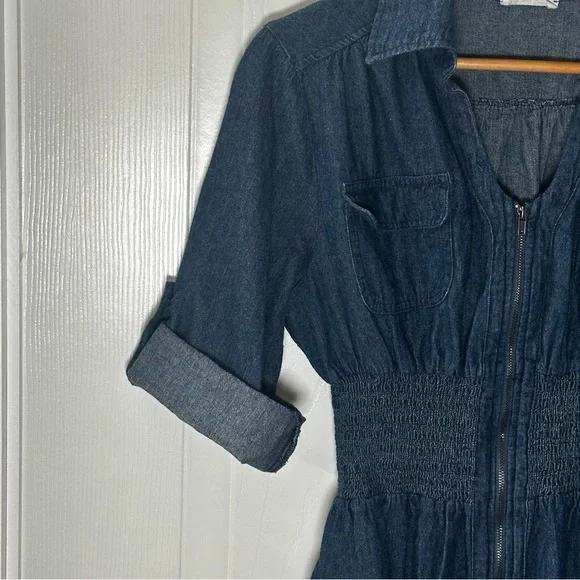 Denim Zip‑Front Utility Dress Small Smocked Waist Roll‑Tab Sleeves - Picture 3 of 7